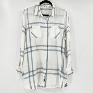 Barbour Baymouth Shirt Size 12 White Blue Plaid Linen Lyocell